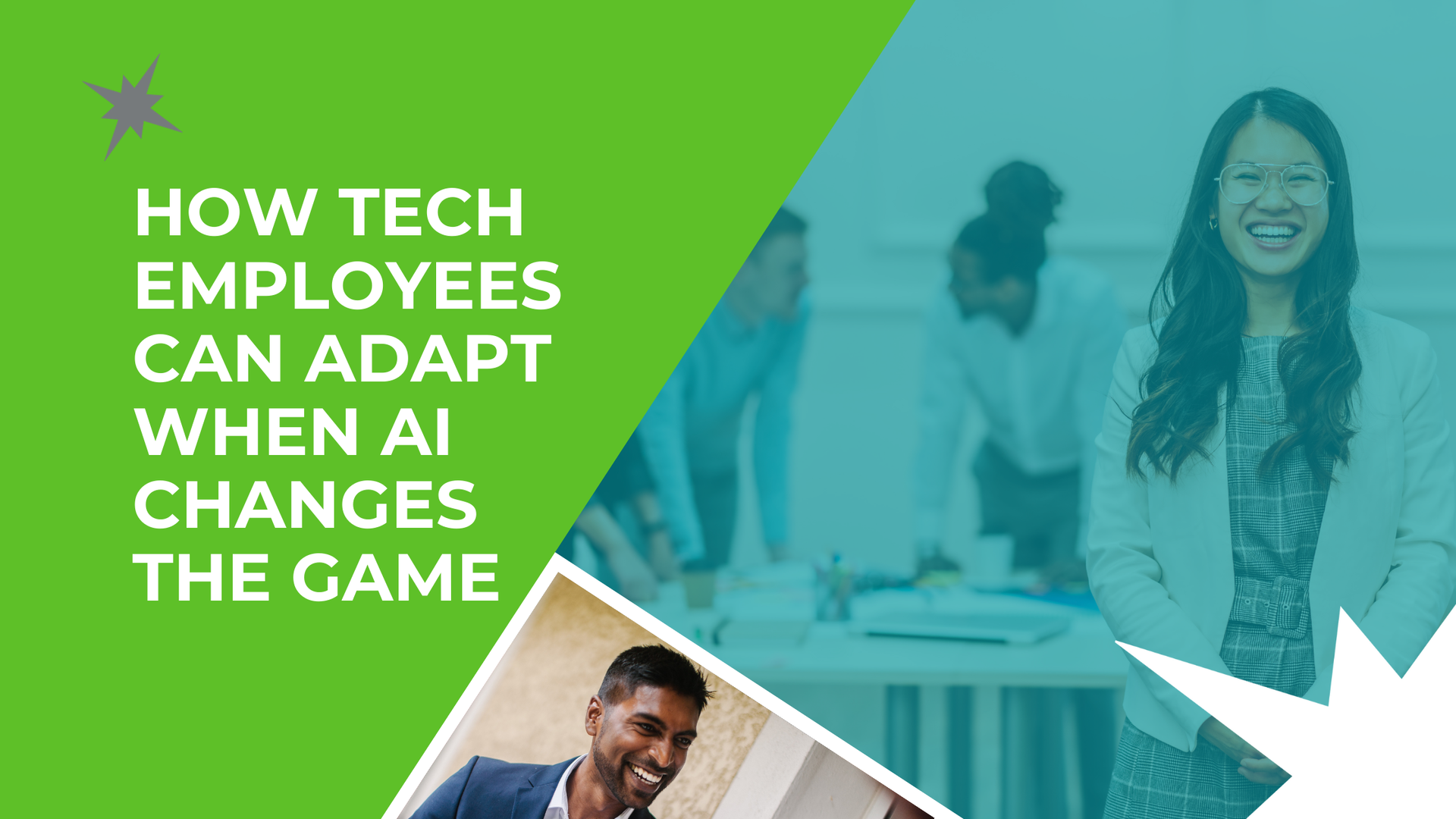 Graphic: Article on adapting tech skills for AI. Green, white, and blue with diverse team members.