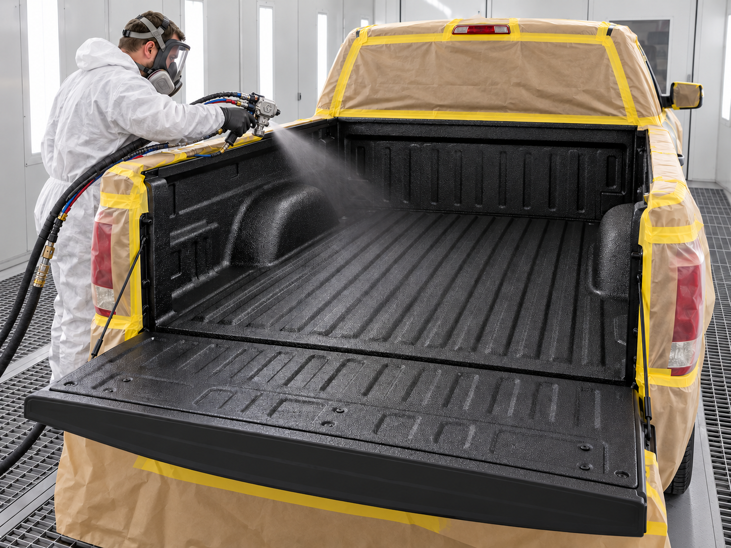 Installer spraying a textured protective liner inside a pickup truck bed