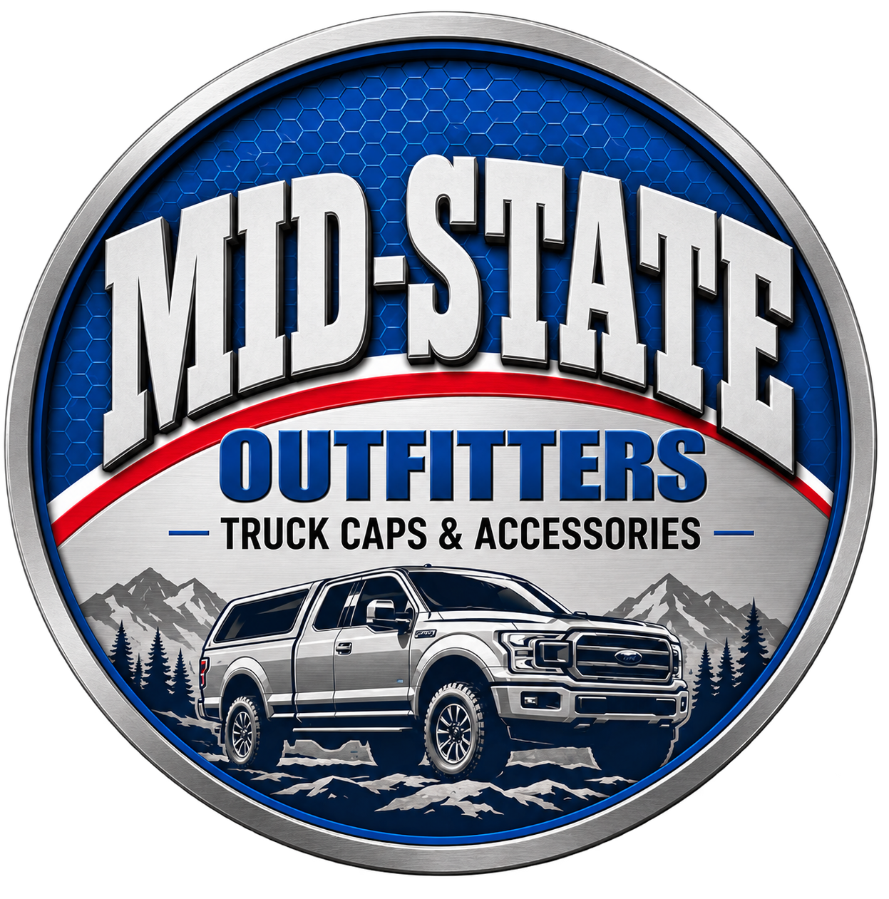 Logo for Mid-State Outfitters, a truck and auto accessories store. White text on red and black background.