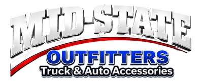 Logo for Mid-State Outfitters, a truck and auto accessories store. White text on red and black background.