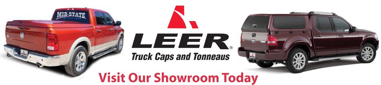 An advertisement featuring two trucks with Leer truck caps, with the Leer logo, and the text 