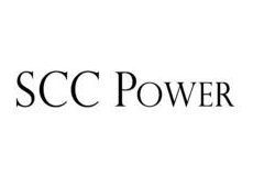 Un logotipo en blanco y negro para scc power sobre un fondo blanco.
