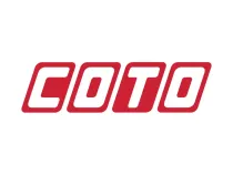Un logotipo rojo y blanco para coto sobre un fondo blanco.