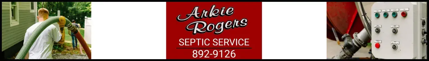 A red sign that says Arkie Rogers Septic Service on it.