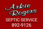 The logo for arkie rogers septic service is red and white.