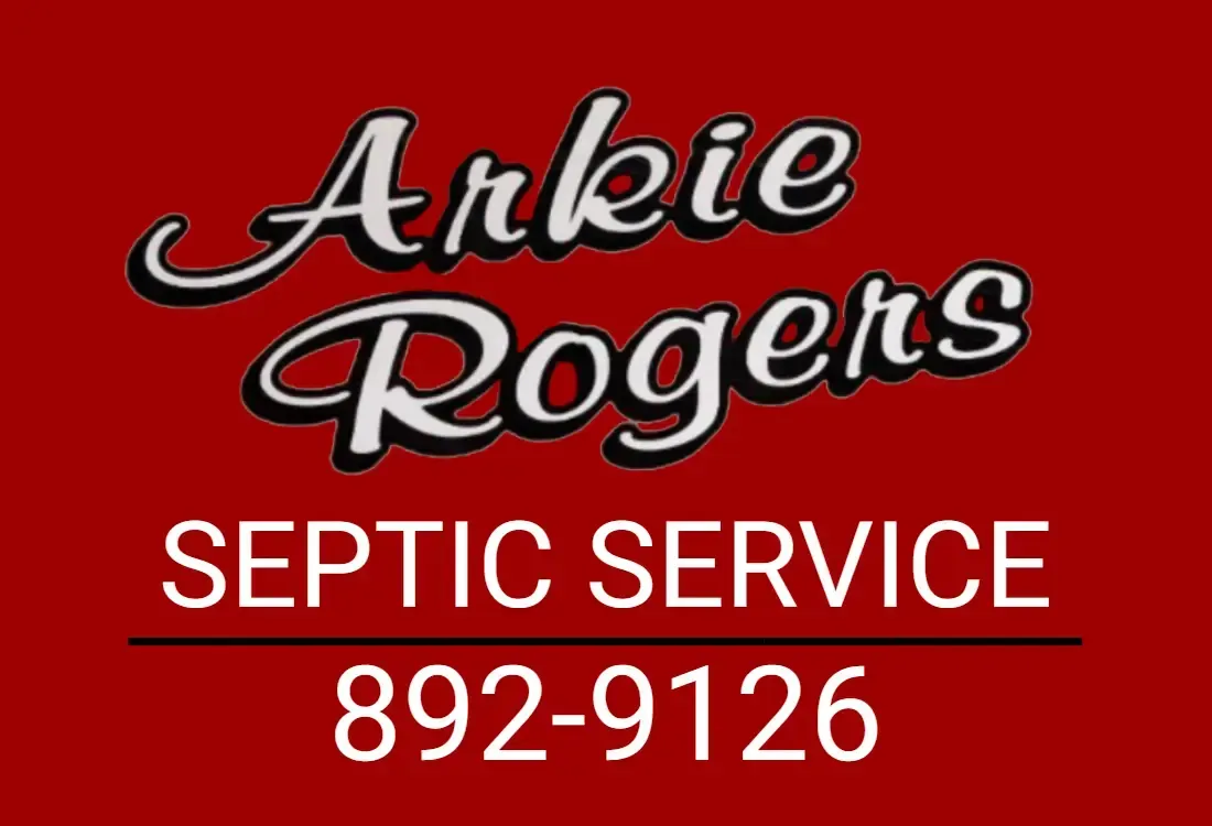 The logo for arkie rogers septic service is red and white.