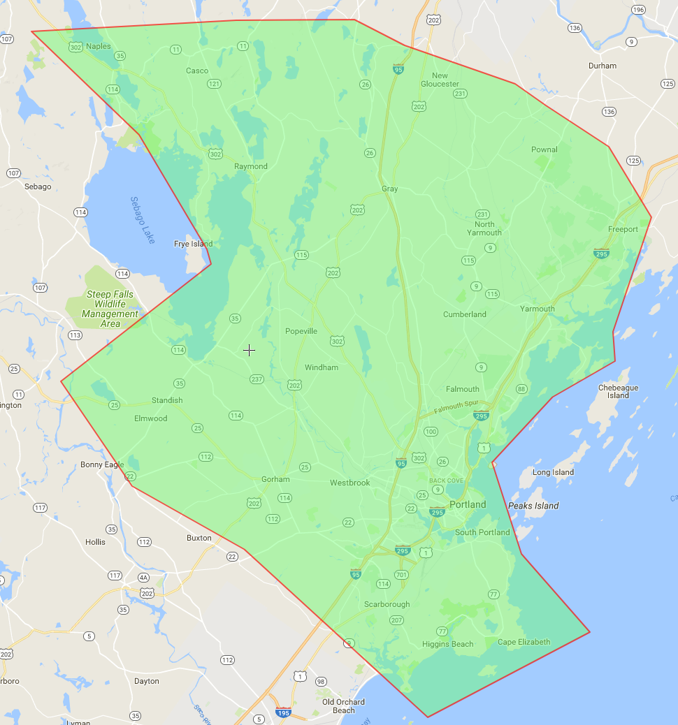 A map showing a green area with a red border as the service area for Arkie Rogers Septic.
