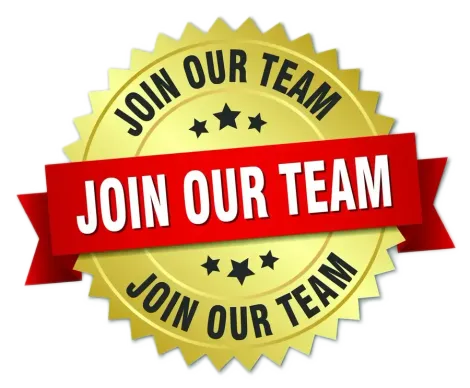 A gold seal with a red ribbon that says join our team