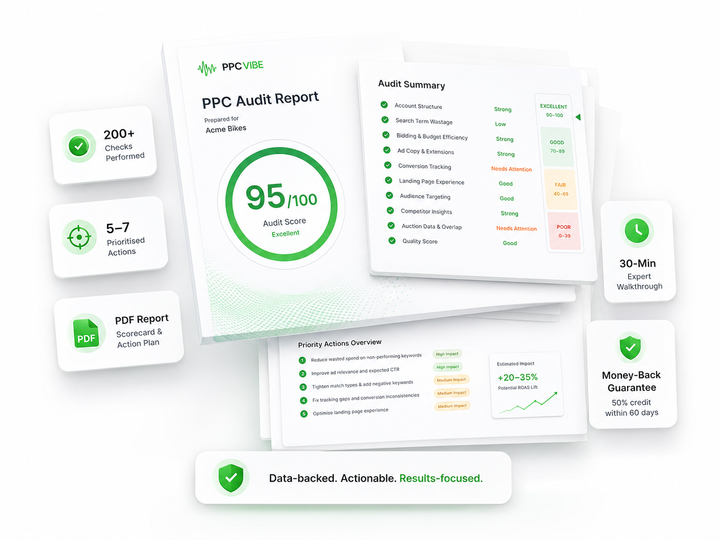 PPC Vibe PPC Audit Report scorecard showing 95 out of 100 audit score with 200+ technical checks across account structure, conversion tracking, bid strategy, and Quality Score — plus 5-7 prioritised actions with estimated ROAS impact.