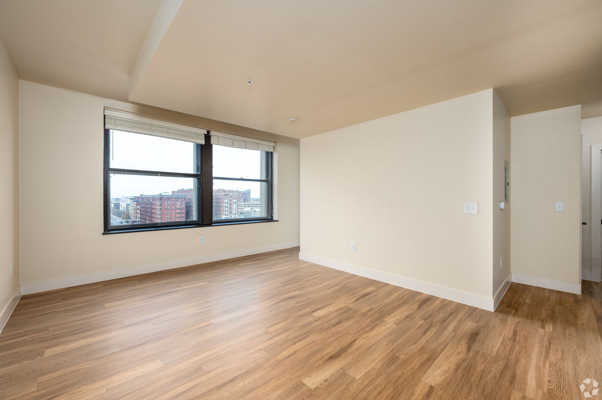 An empty living room with hardwood floors and two windows.