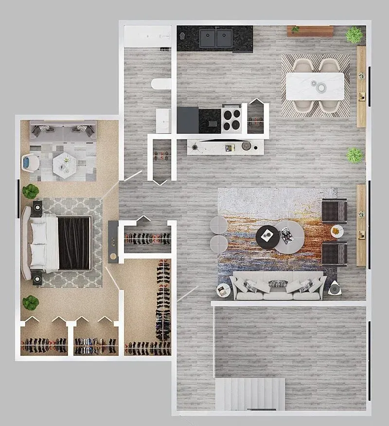 An aerial view of a floor plan of a house.