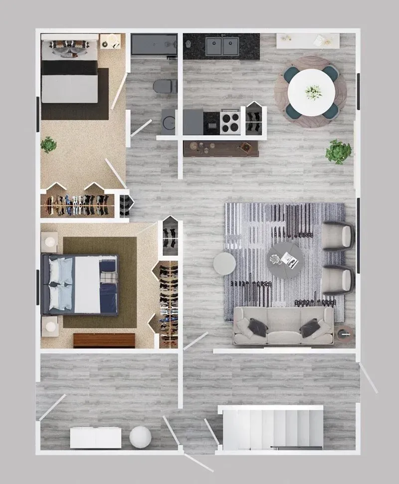 A floor plan of a house with a bedroom , living room , dining room , and kitchen.