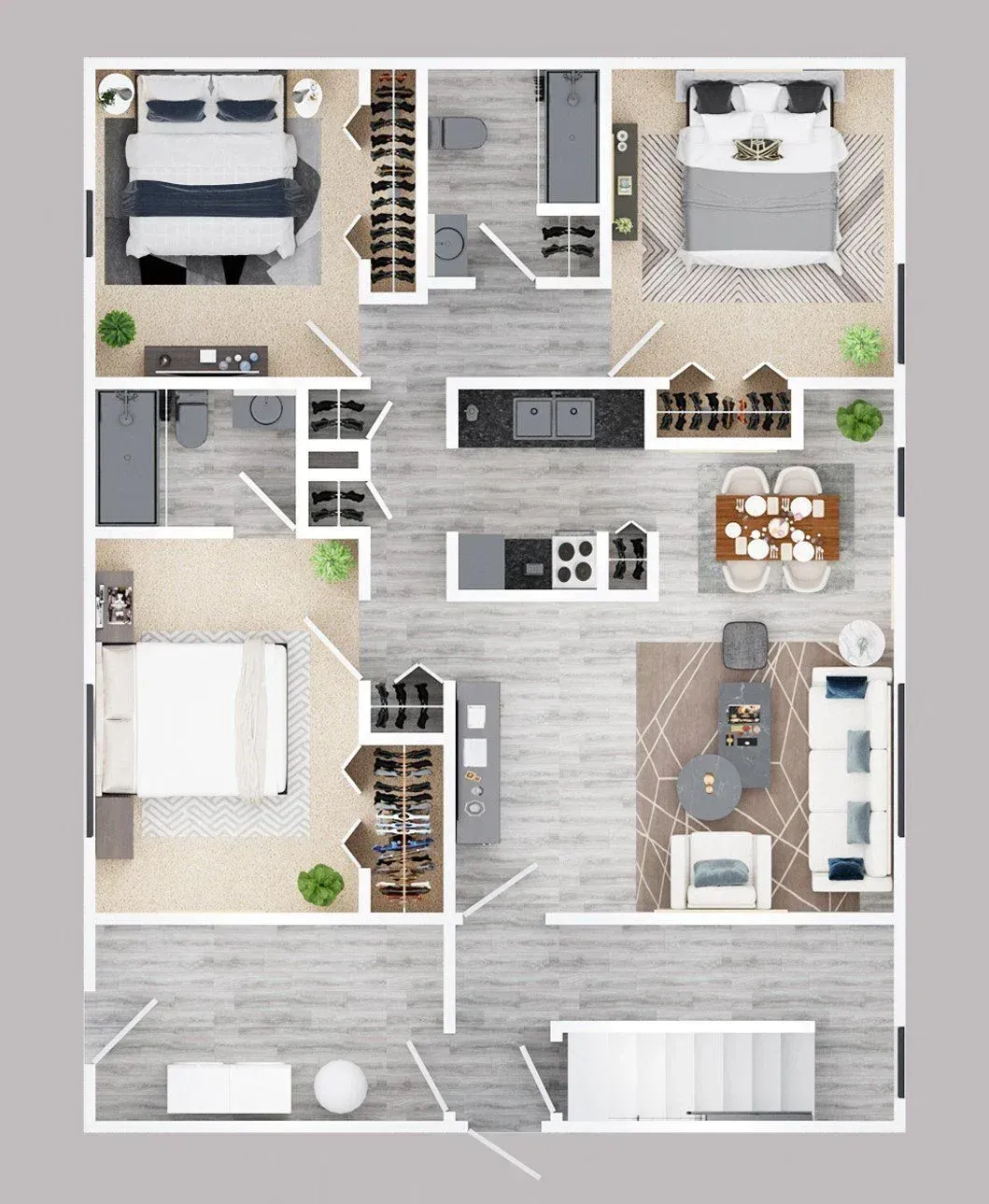 A floor plan of a house with three bedrooms , two bathrooms , and a dining room.
