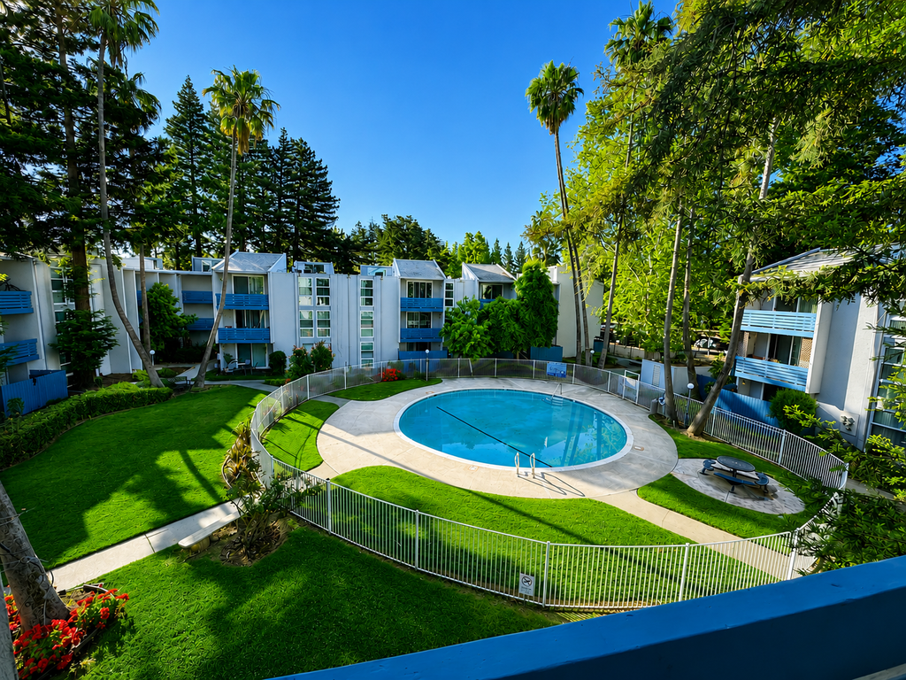 An aerial view of a swimming pool surrounded by palm trees