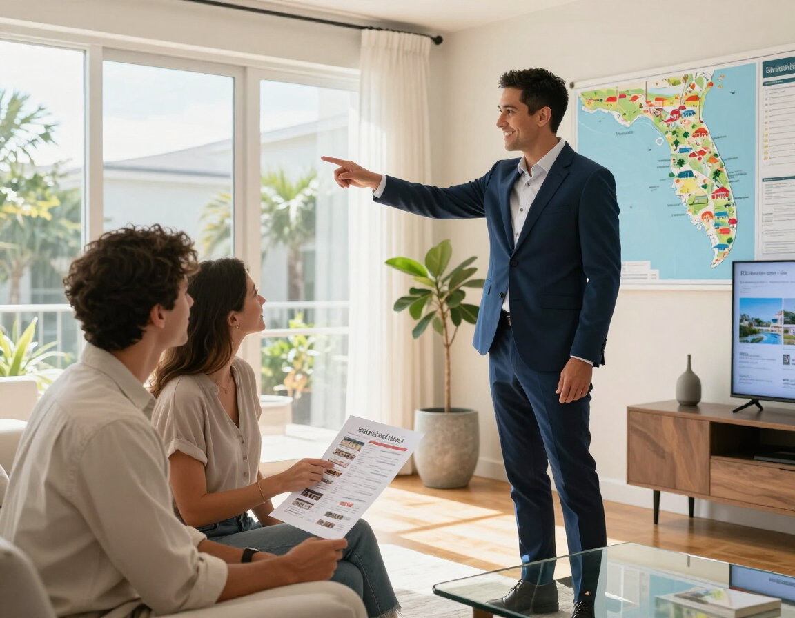 Florida coastal home search with agent and buyers reviewing neighborhood options