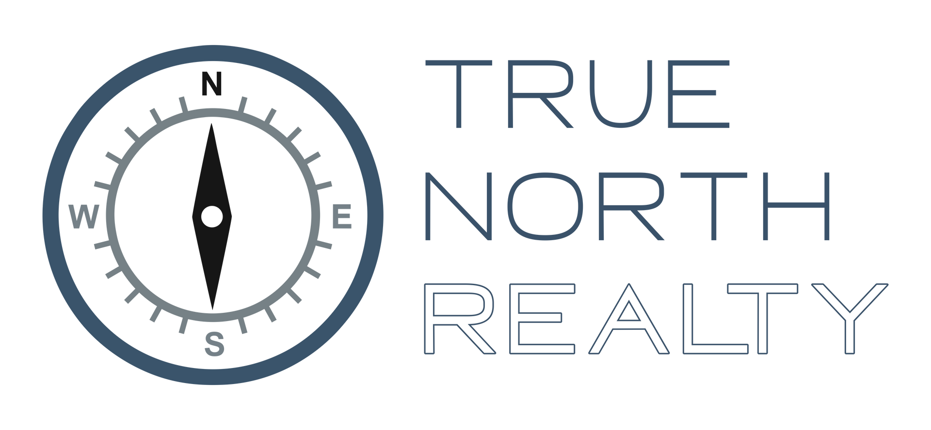 A logo for true north realty with a compass in the center
