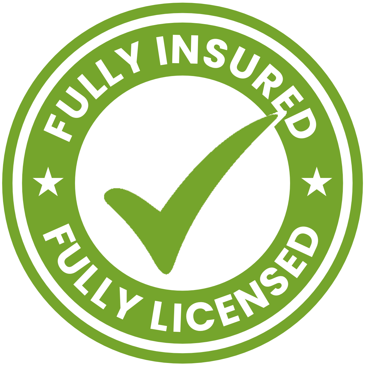 A green fully insured fully licensed stamp with a check mark in the center.