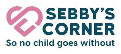 The logo for sebby 's corner is a heart with the words `` so no child goes without ''.