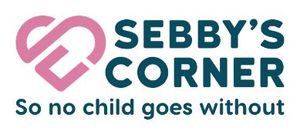The logo for sebby 's corner is a heart with the words `` so no child goes without ''.