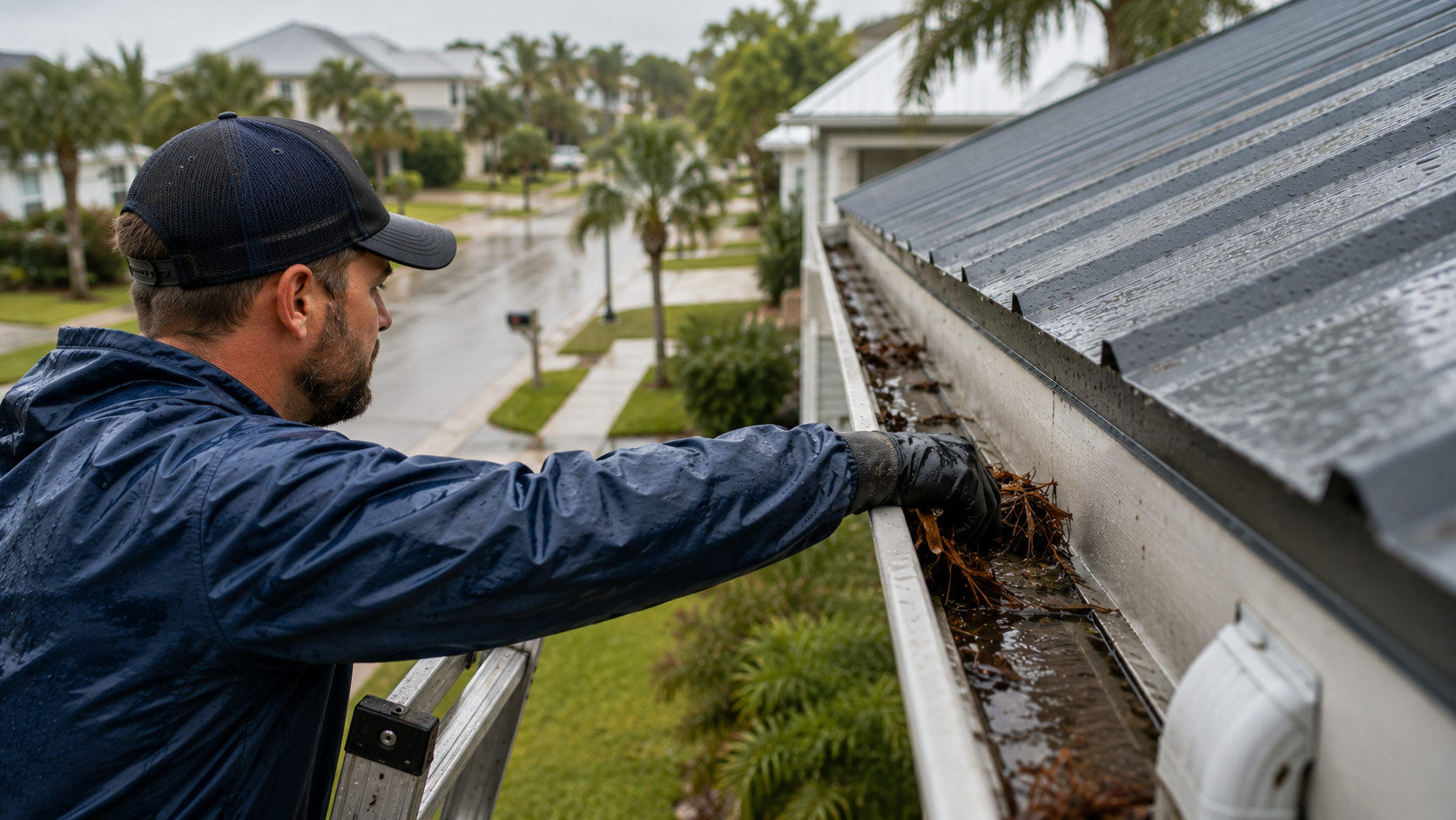 Man fixing gutter for Water Damage Prevention