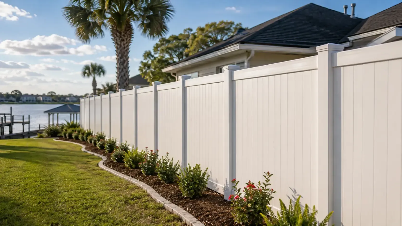 White vinyl privacy fence surrounding a waterfront Pensacola home with palm trees and landscaped yar