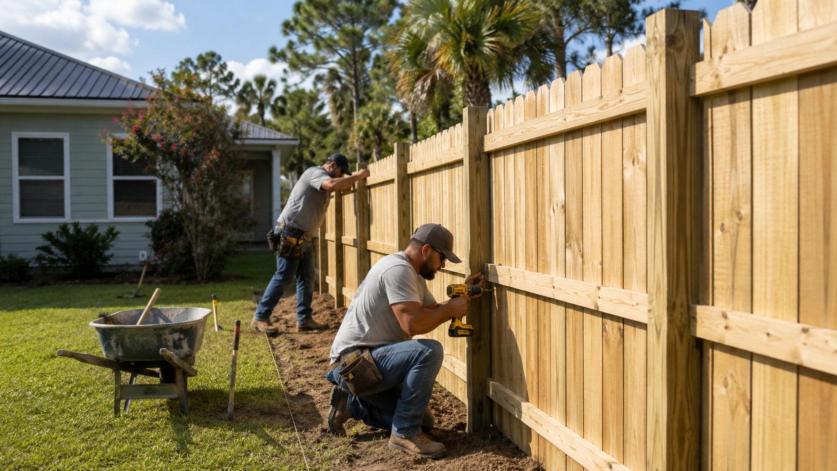 People fixing the fence