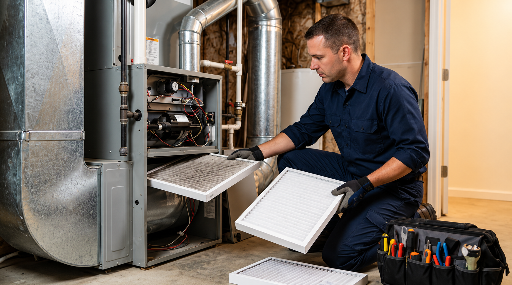 HVAC technician replacing furnace air filter during maintenance HVAC technician replacing furnace air filter during maintenance