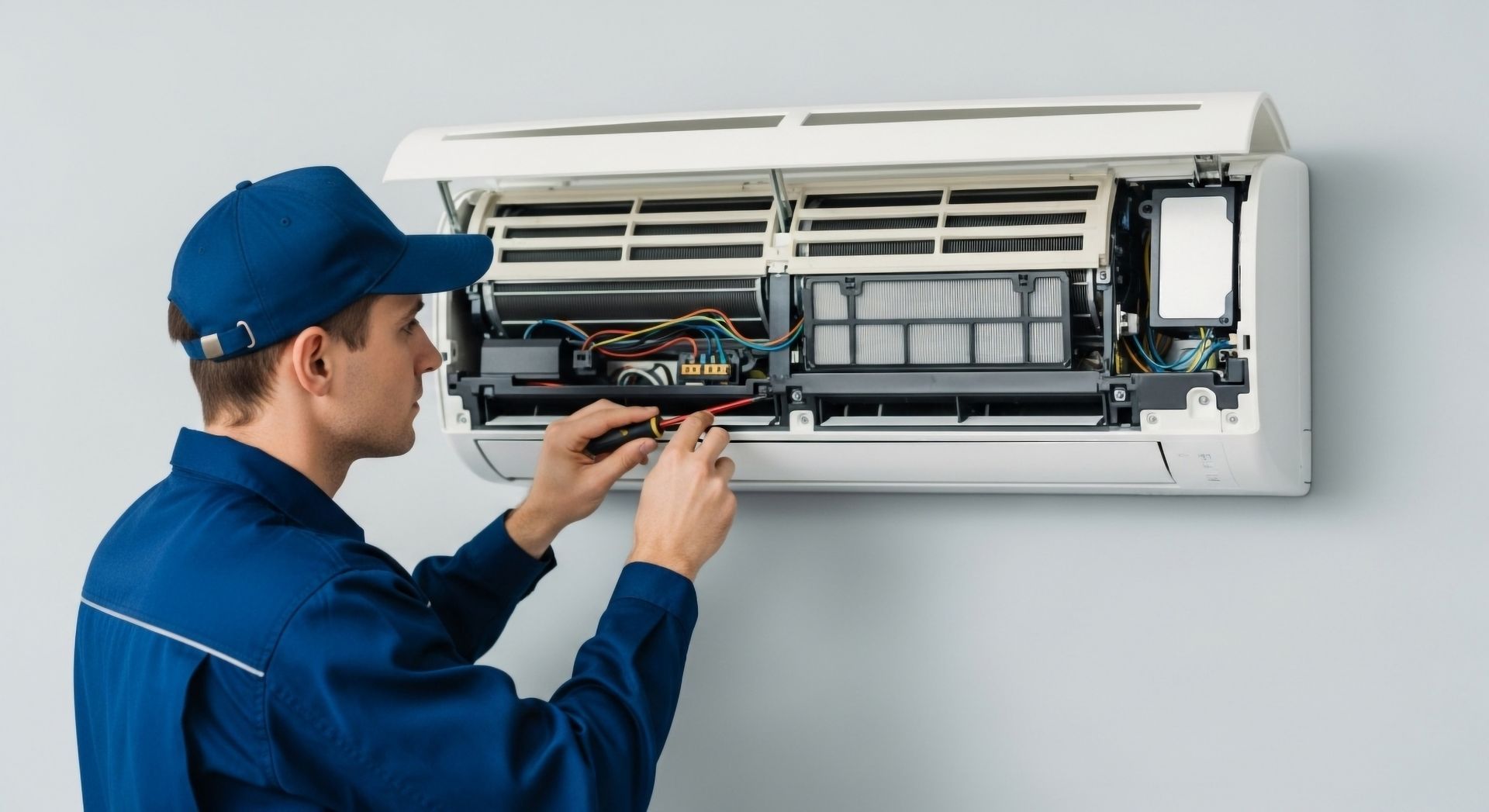An expert technician repairing a wall unit, hired from an emergency air conditioning contractor. Technician repairing a wall-mounted air conditioner with its front panel open