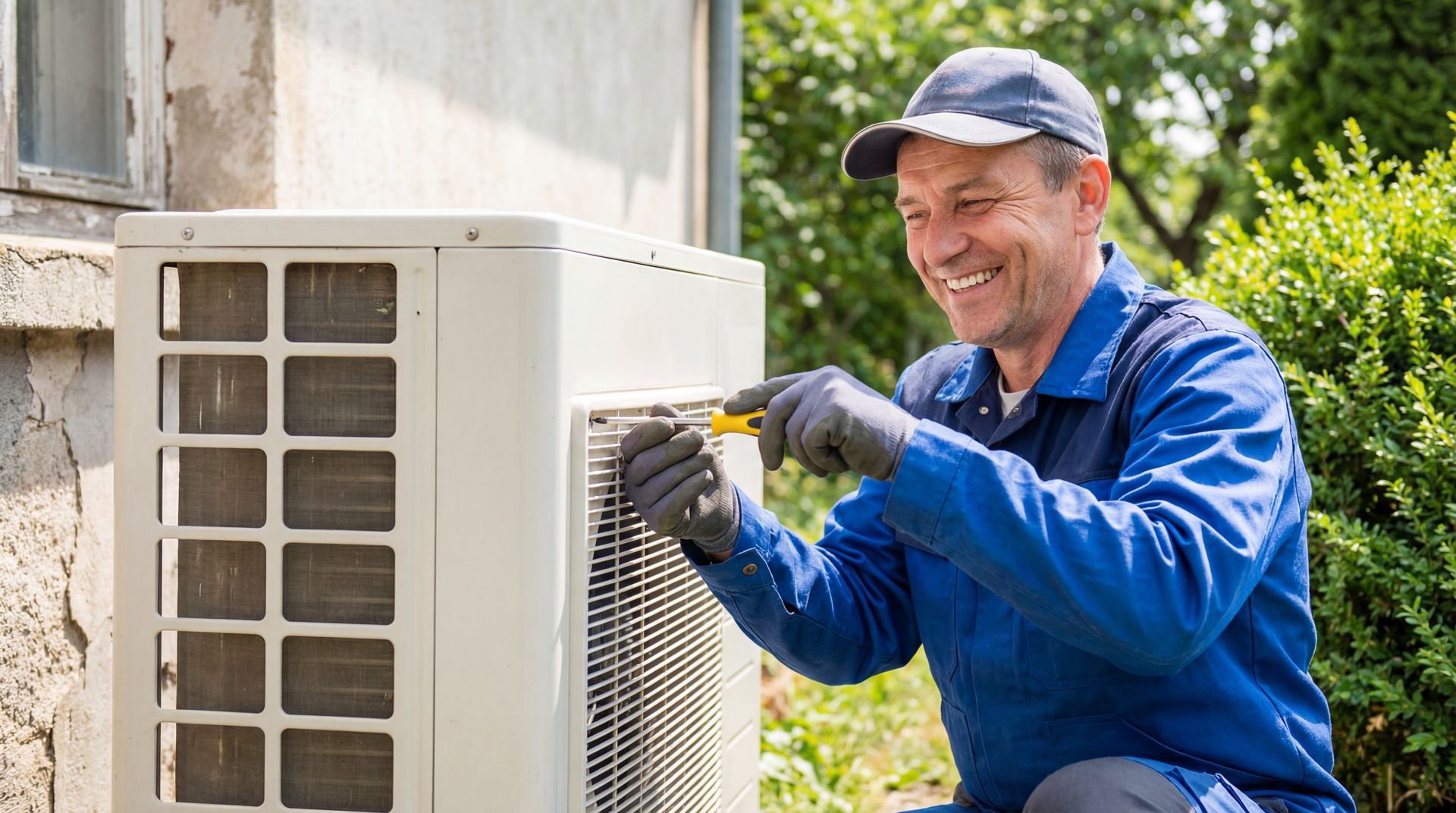 Smiling technician kneels to repair an outdoor air conditioning unit beside a textured stucco wall.