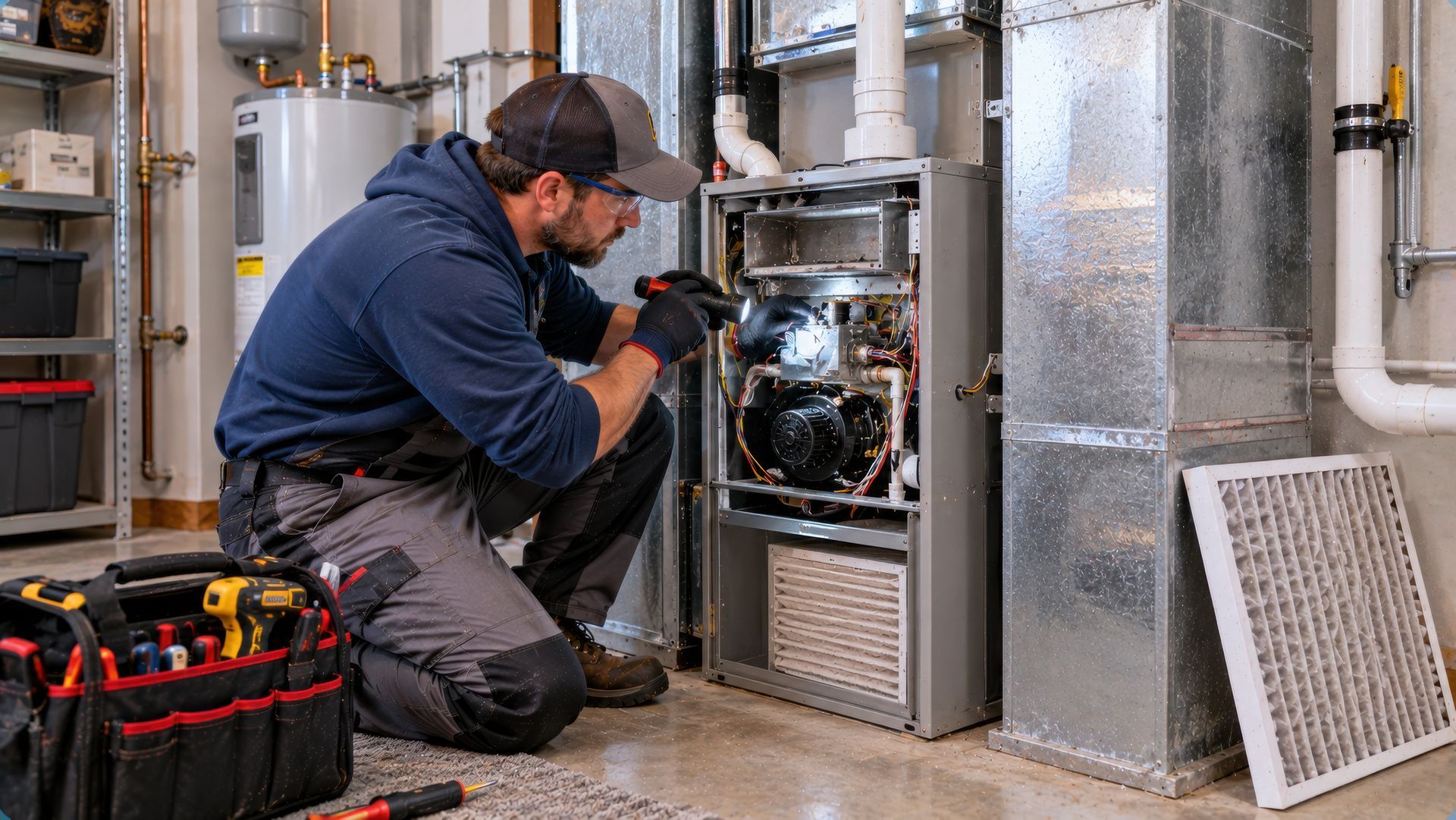 Professional HVAC technician in work uniform inspecting furnace with flashlight in residential garage. Professional HVAC technician in work uniform inspecting furnace with flashlight in residential garage.