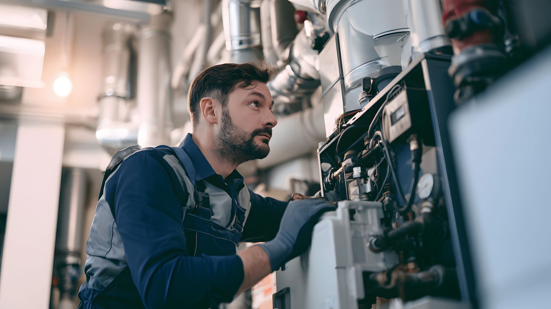 A professional HVAC technician performing routine heating system maintenance. A professional HVAC technician performing routine heating system maintenance.