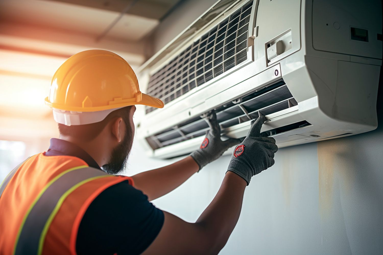 Technician in orange hard hat servicing a wall-mounted air conditioner indoors.