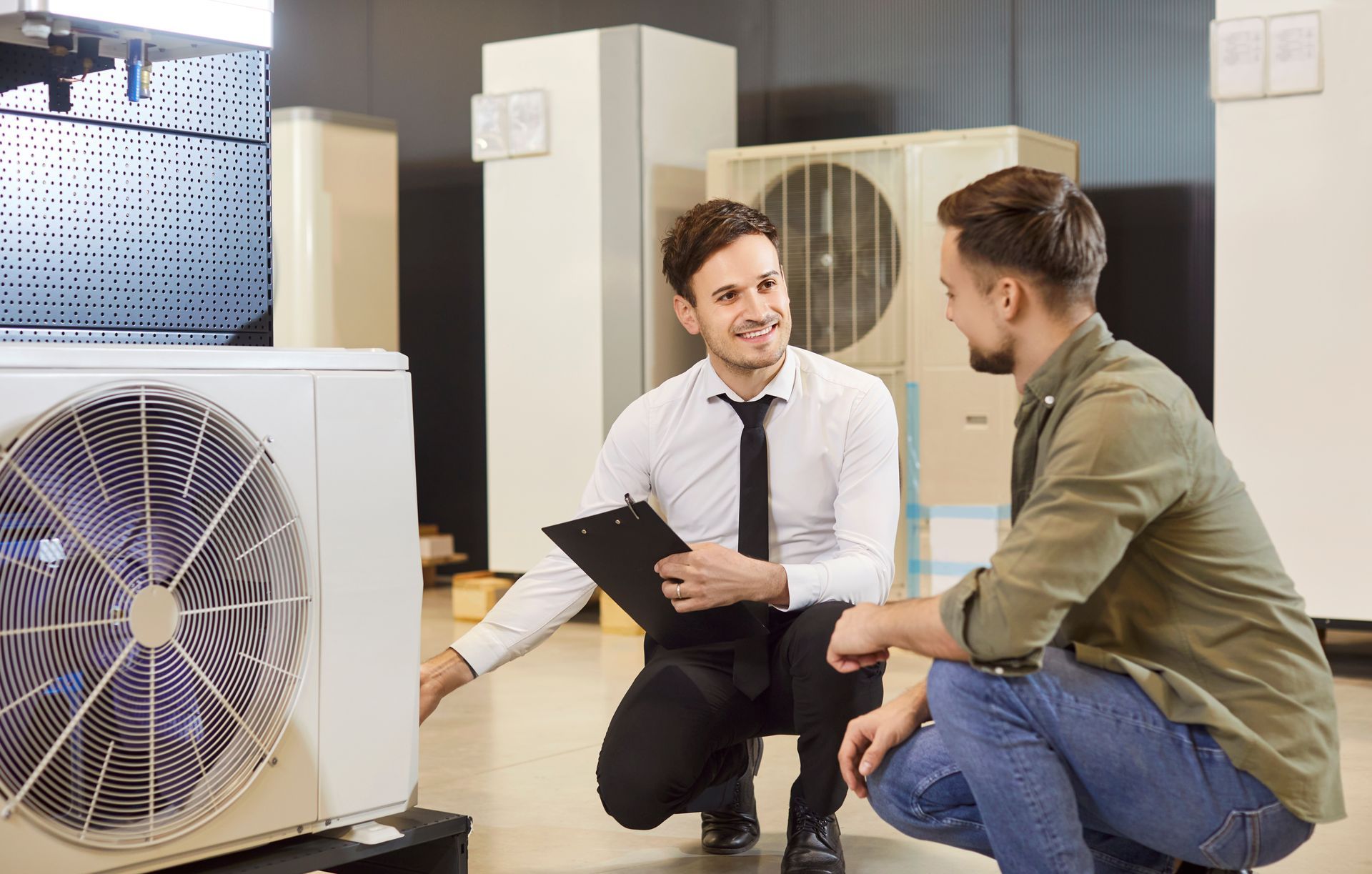 Two men discussing HVAC units in a showroom, with one holding a clipboard beside large fans and equipment cabinets.
