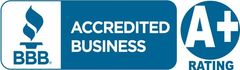 BBB Accredited Business A+ rating logo in blue and white