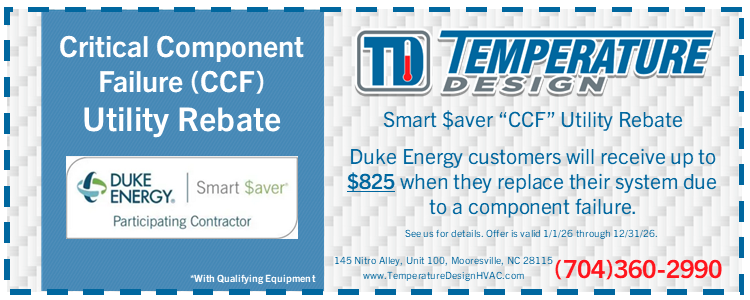 Duke Energy rebate flyer for critical component failure, blue and white with $825 savings and phone number
