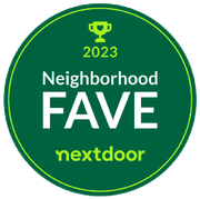 2023 Nextdoor Neighborhood Fave green circular badge with trophy icon and white text