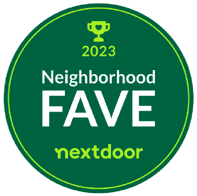 2023 Nextdoor Neighborhood Fave green circular badge with trophy icon and white text