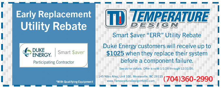 Early Replacement Utility Rebate flyer for Duke Energy and Temperature Services, blue and white with contact number 704-360-2990