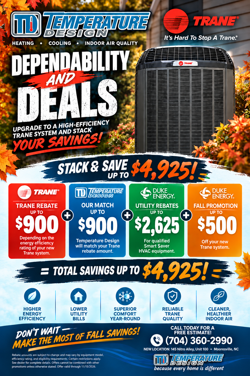Temperature Control Systems and Trane HVAC fall sale ad with furnace, pumpkins, and savings up to $4,925.