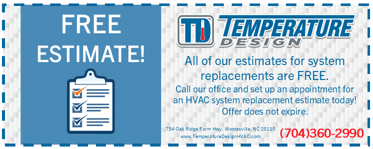 Blue-and-white ad for Temperature Design offering free HVAC replacement estimates, with phone number and logo