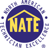 NATE logo: yellow “NATE” inside a blue circle with “North American Technician Excellence” around it