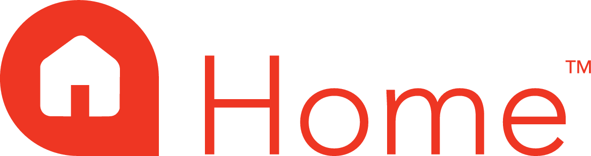 Red home icon and the word “Home” in red text