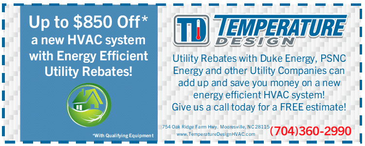 HVAC rebate ad with blue-green energy graphic and Temperature Design logo, offering up to $850 off