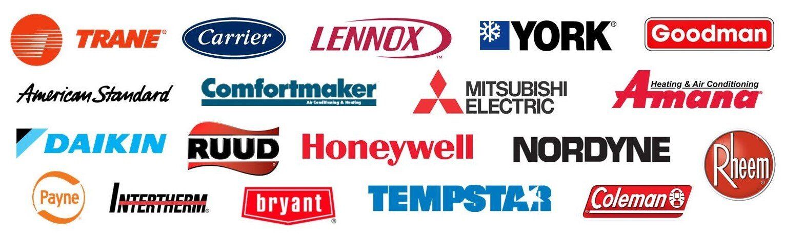 HVAC brand logos collage on a white background, including Trane, Carrier, Lennox, York, Goodman, Daikin, and Honeywell