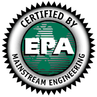Certified by Mainstream Engineering EPA seal with black gear border and green center
