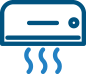 Blue wall-mounted air conditioner with airflow lines, cooling symbol on a white background