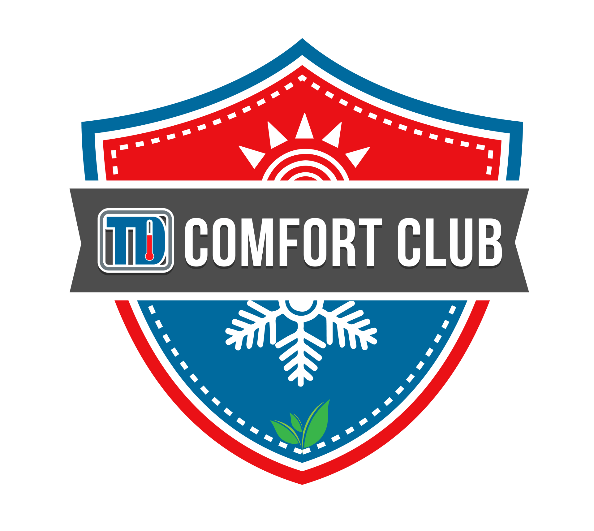 Blue and red shield logo with snowflake and leaf, reading “Comfort Club”