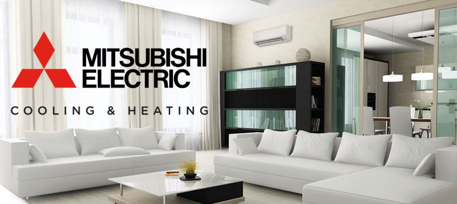 Mitsubishi Electric cooling and heating logo over a modern living room with white sofas and glass doors
