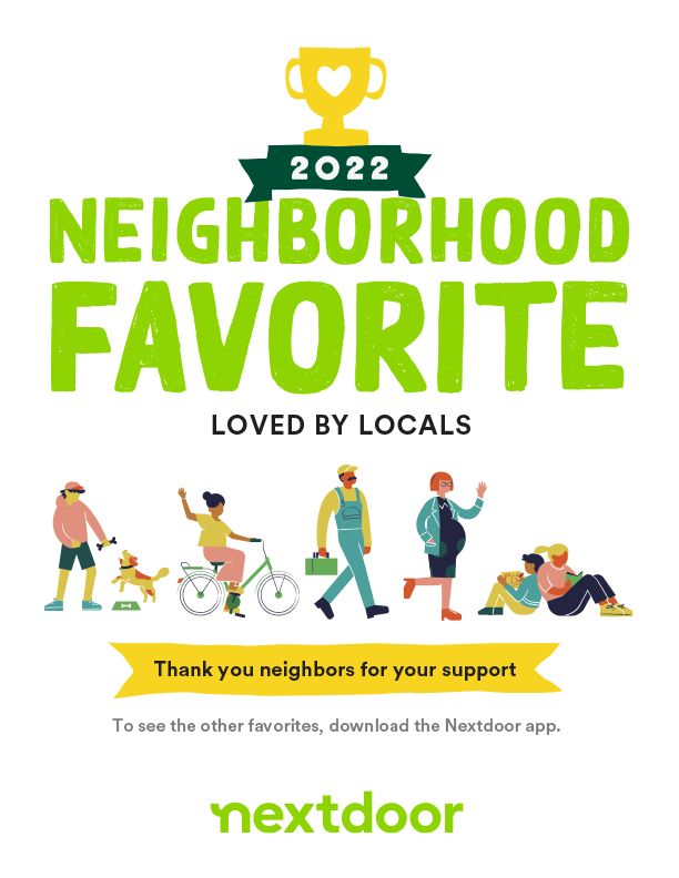 2022 Neighborhood Favorite badge with trophy and cyclists, walkers, and pets; Nextdoor logo at bottom
