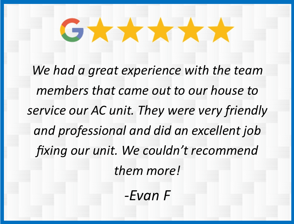 5-star Google review praising AC repair service and friendly, professional technicians